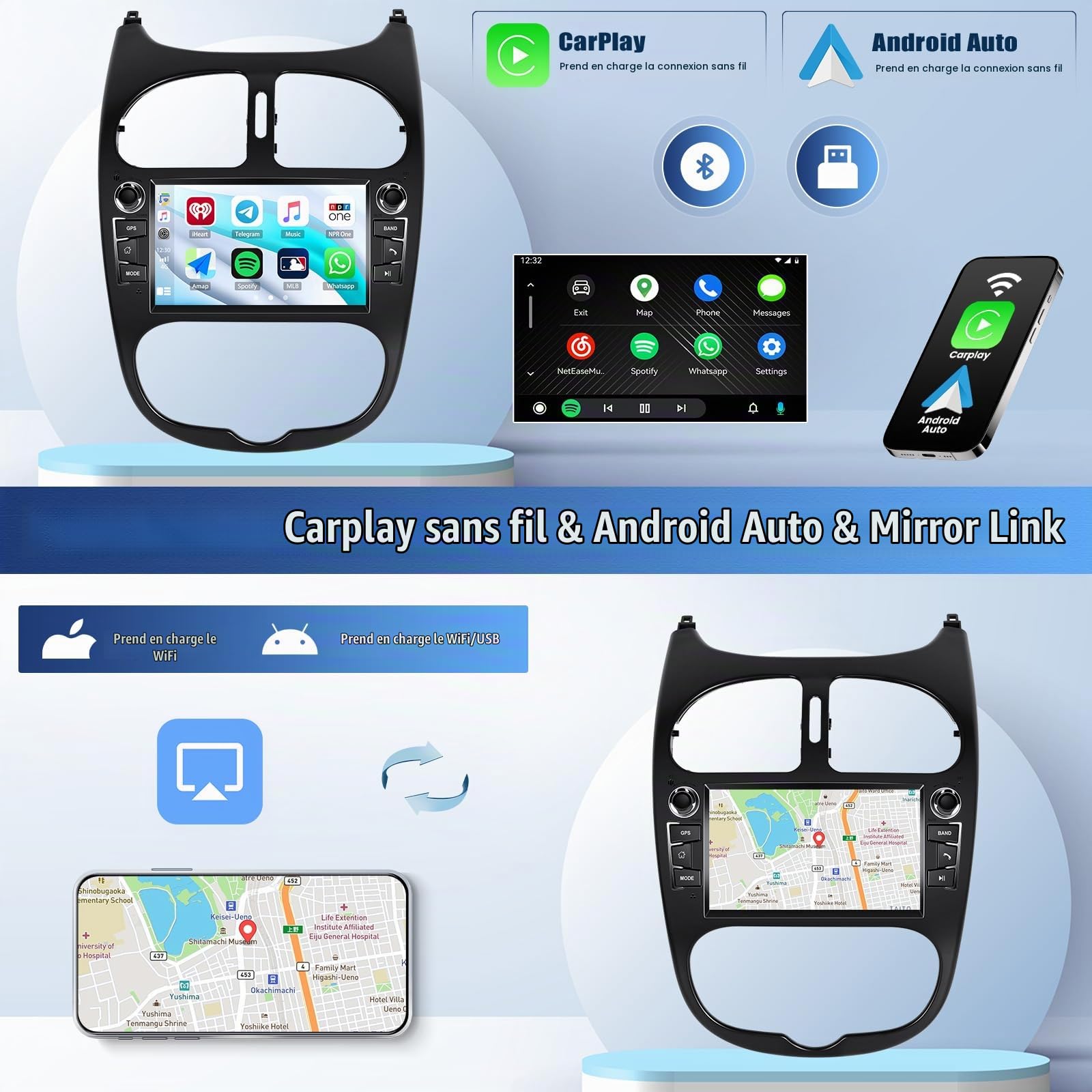 Android 15, 2G+64G CAMECHO Autoradio pour Peugeot 206 206CC 2002-2010 avec Carplay Android Auto, 7 Pouces Écran Tactile avec GPS Navi WiFi Mirror Link Bluetooth FM/RDS SWC Caméra de Recul