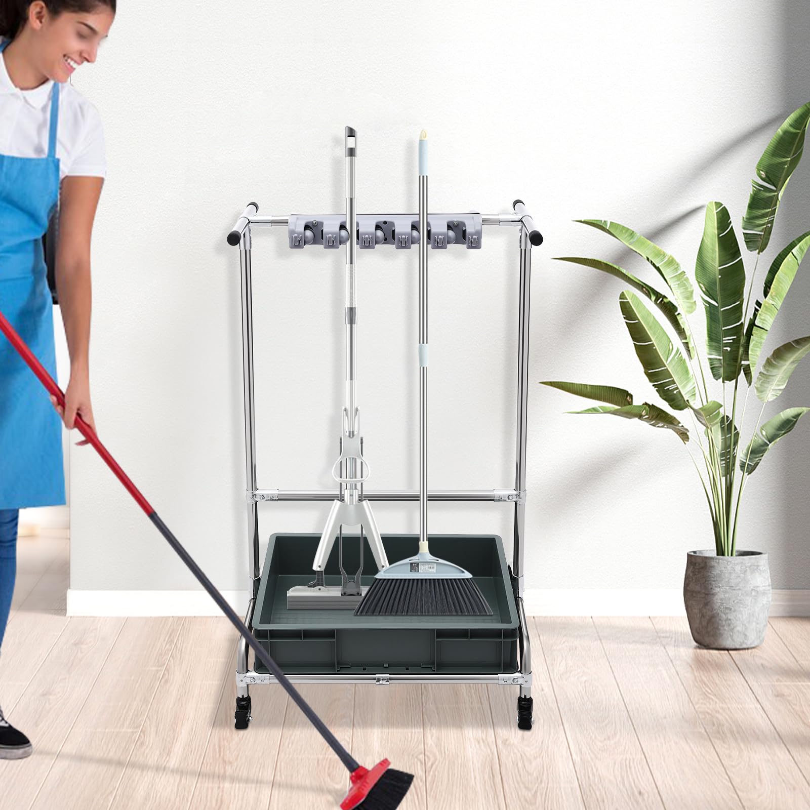 Carrito de limpieza móvil con soporte para escoba, soporte para aspiradora, ruedas universales para el hogar, lavandería, garaje, en plata de acero inoxidable