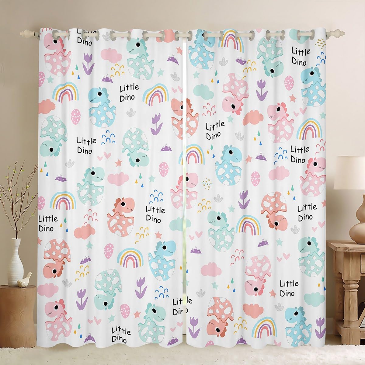 Homemissing Rainbow Dino Blackout Curtains Cute Jungle Dino Darkening Dreapes for Kids Boys Girls Dinosaur Window Curtains Dinosaur Egg Window Treatments Wildlife Curtains (2 Panels,W46*L72)