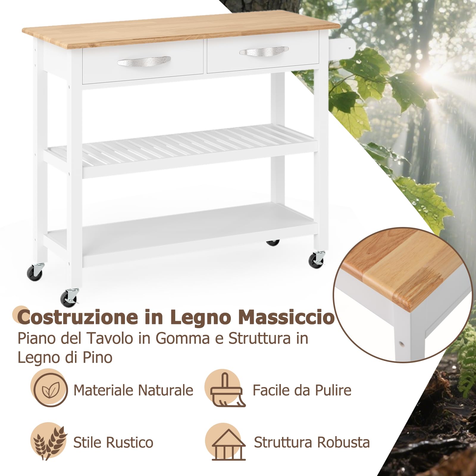 RELAX4LIFE Carrello Cucina Salvaspazio con Ruote in Legno, con 2 Cassetti, 2 Ripiani Aperti e Maniglia Laterale, Facile da Spostare, Stile Rustico, Naturale (BIANCO)