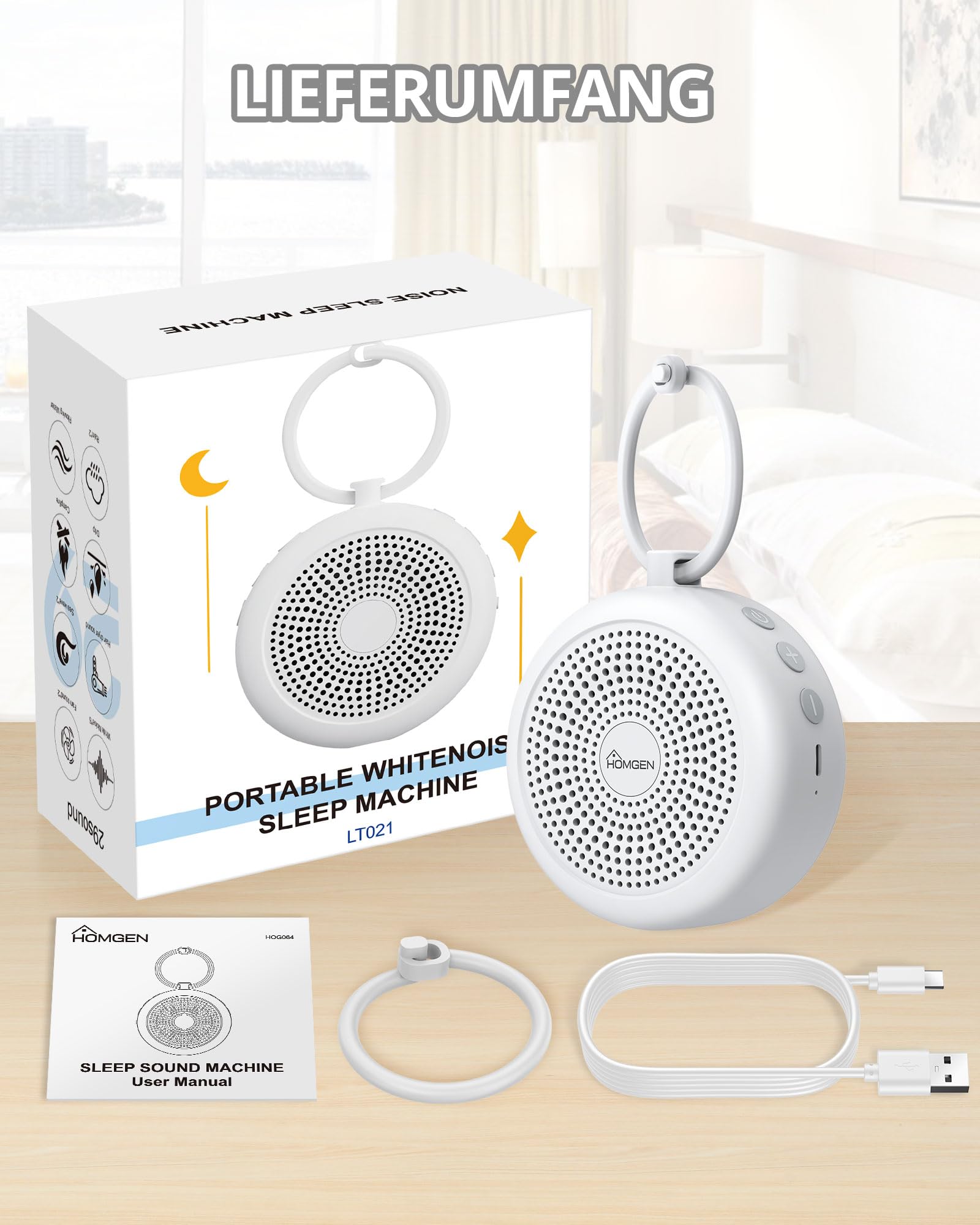 HOMGEN White Noise Machine Baby Einschlafhilfe für Babys & Erwachsene | Tragbare weißes Rauschen, 29 Beruhigende Klänge, 3 Timer-Einstellungen, Langlebige Leistung, Befestigung am Kinderwagen Bett