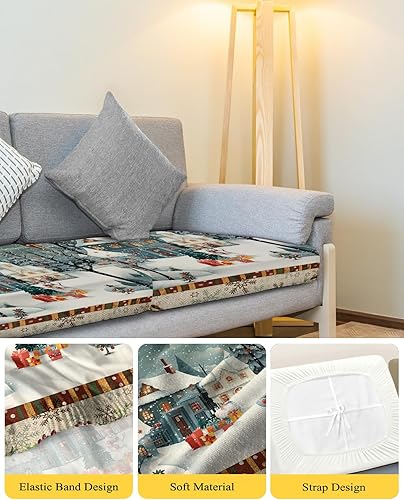 Miniatura 4 de Wowouhiya Fundas de cojín para sofá de Navidad, funda elástica para sofá con parte inferior elástica, diseño de árbol de Navidad, campanas de muñeco