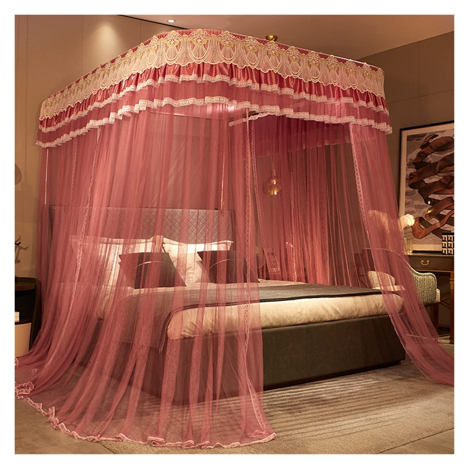 DXTFDHB Mosquito Net Three Side Openings Post Romantic Lace Bed Curtain Canopy Netting Bed Net Bedding(Bean paste,200 * 220cm)