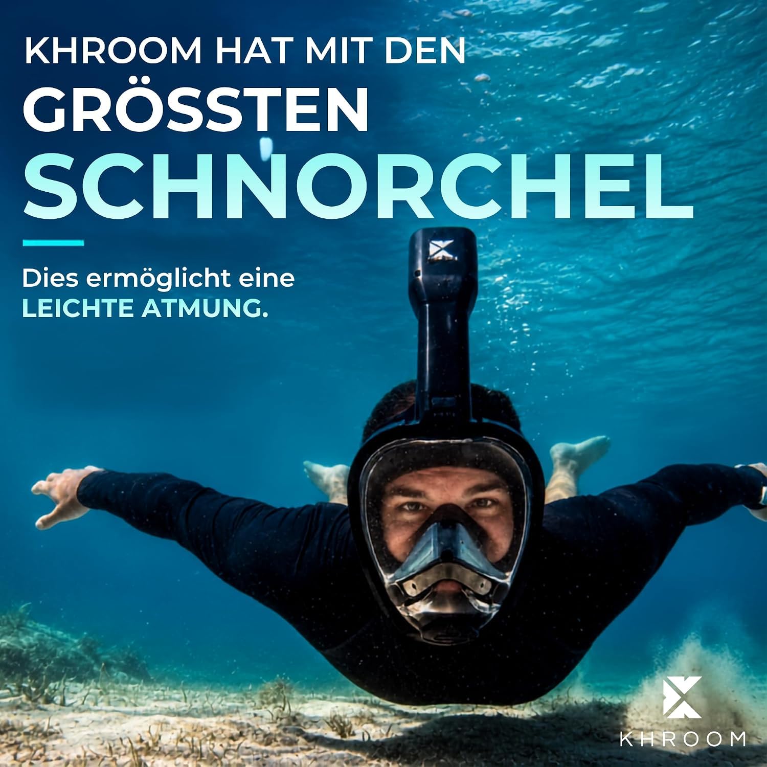 Khroom Schnorchelmaske für Erwachsene Seaview Pro, CO2 sicher | Bekannt aus Höhle der Löwen | Vollgesichtsmaske | 3x größerer Luftkanal | Anti-Beschlag | Action-Cam-Halterung