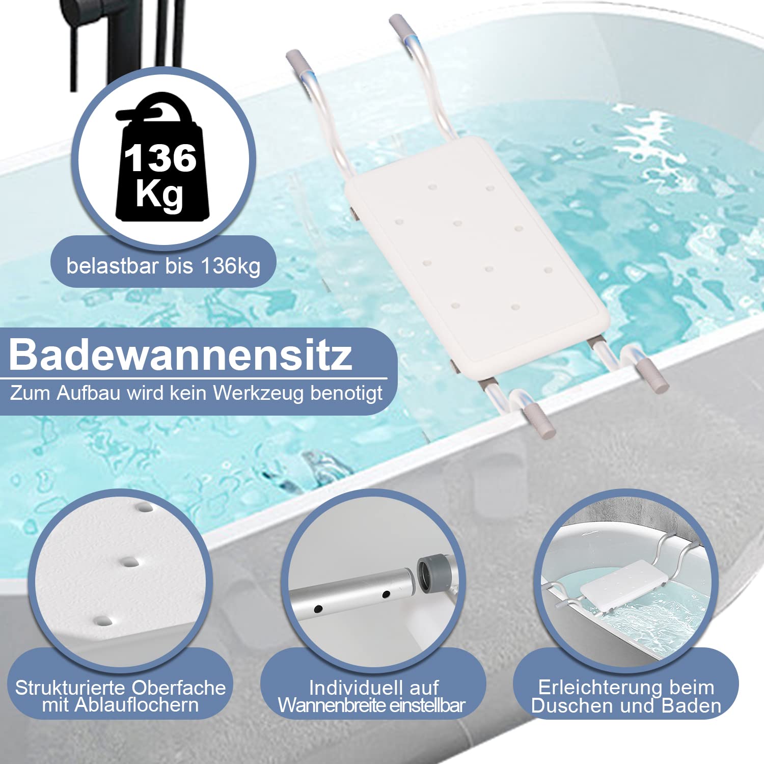 Asiento para bañera de 72 a 82 x 23 x 41 cm, capacidad de carga de 136 kg, distancia entre bañera/pared, mínimo 10 cm