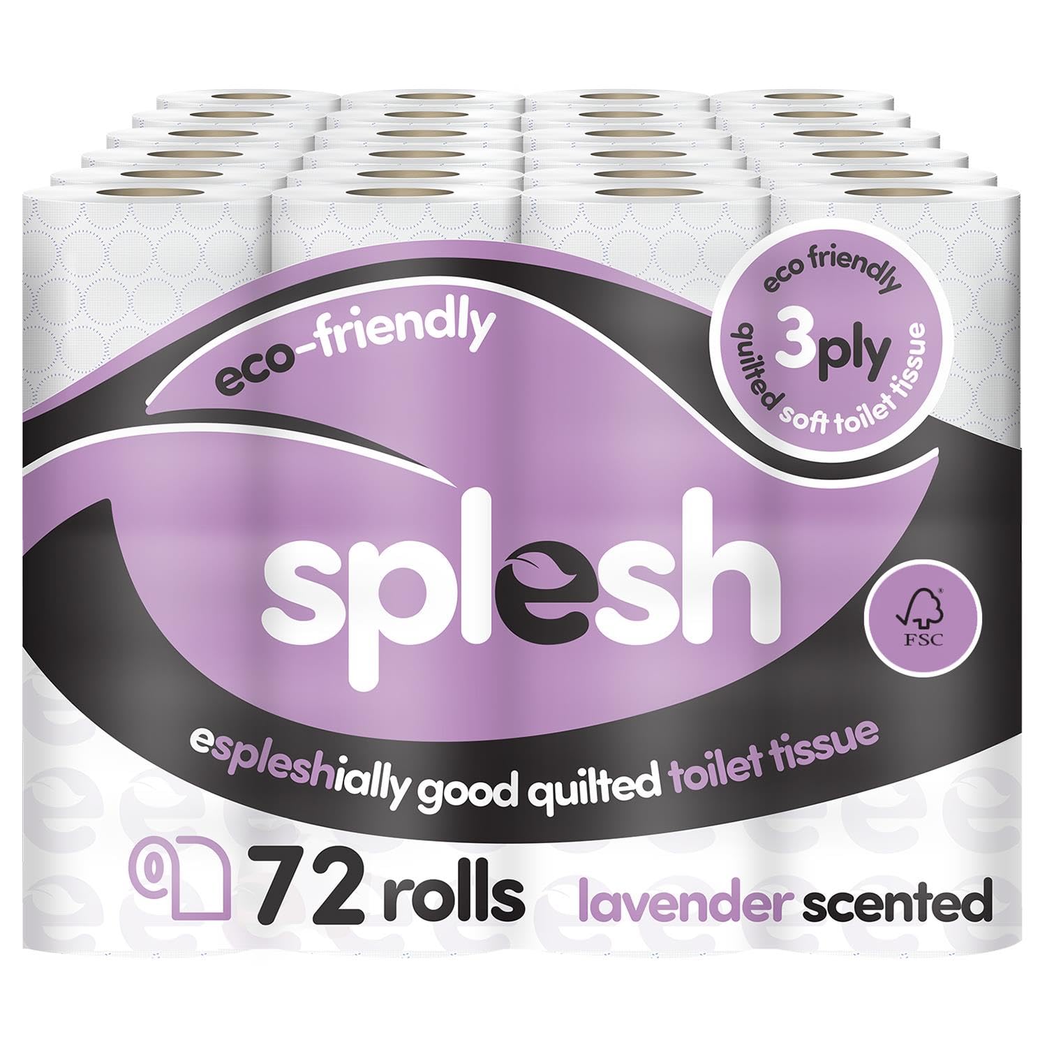 Splesh by Cusheen Toilet Roll 72 Rolls - Lavender Scent Bulk Family Pack | Soft 3 Ply Quilted Bathroom Tissue Loo Rolls | Eco-Friendly, Sustainable Toilet Paper