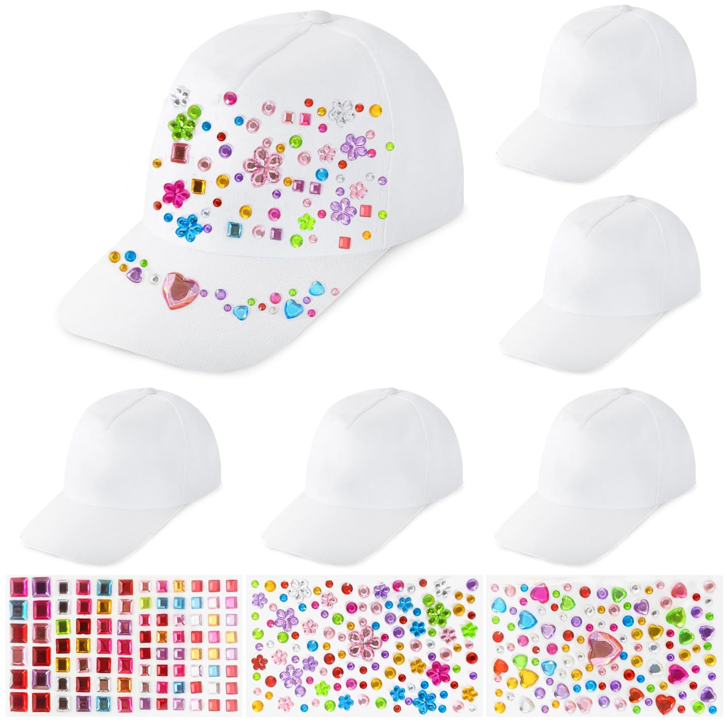 Voarge 6 Stück Kinder Kappen zum Bemalen,DIY Baseballkappe,Baseballcap Anstrich Hut Mütze Kinder Baseballmütze mit 3 Pcs Edelstein Aufklebern