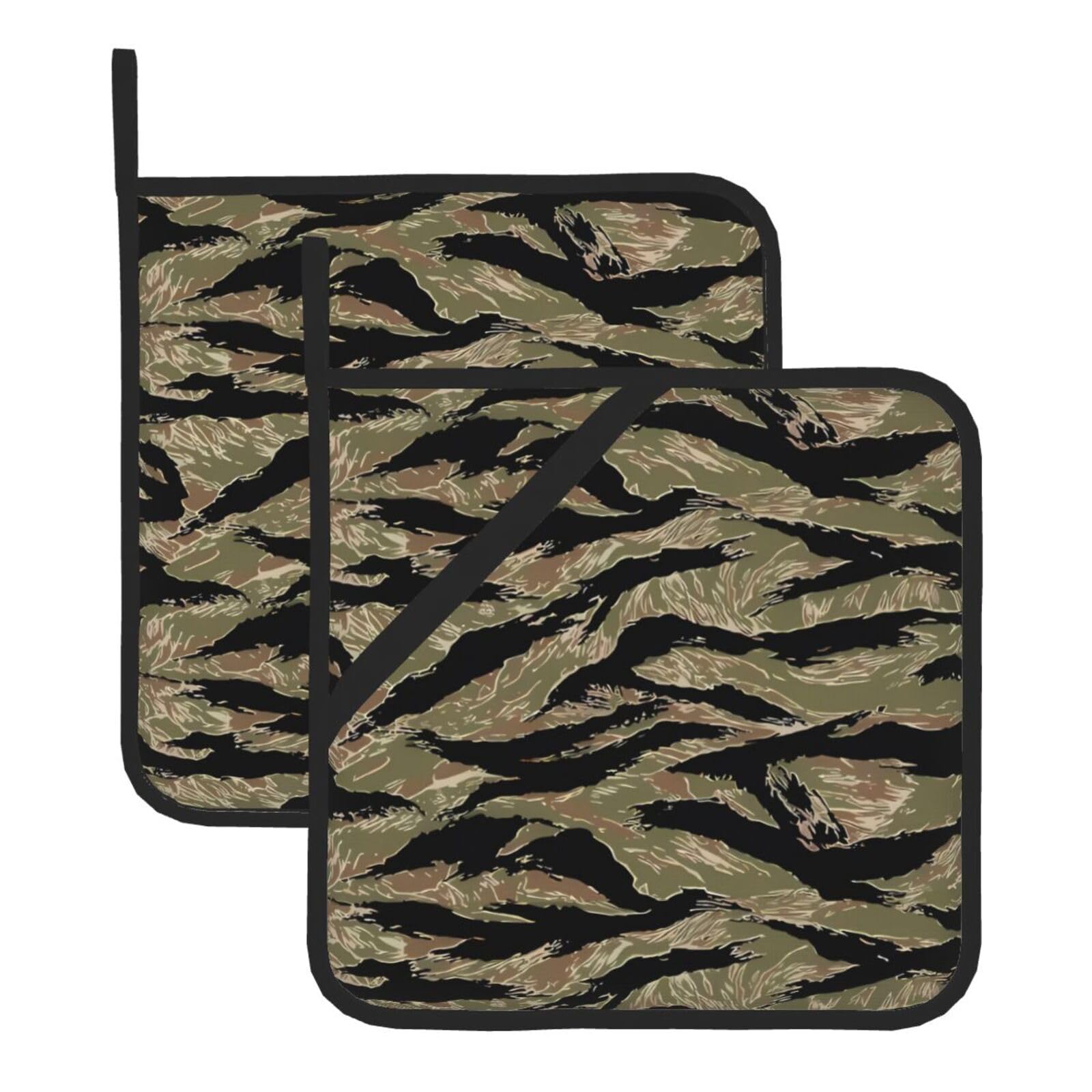 WHJDPP Tiger Stripe Camo Prints Square Hot Pads for Kitchen - Waterproof Pot Holders Set of 2, Durable Trivets with Pocket & Hanging Loop for Hot Dishes & Oven Use