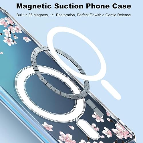 Miniatura 4 de Funda magnética Sakura para Samsung Galaxy S23 Ultra compatible con carga inalámbrica MagSafe, bonito diseño de flor de cerezo, a prueba de golpes,