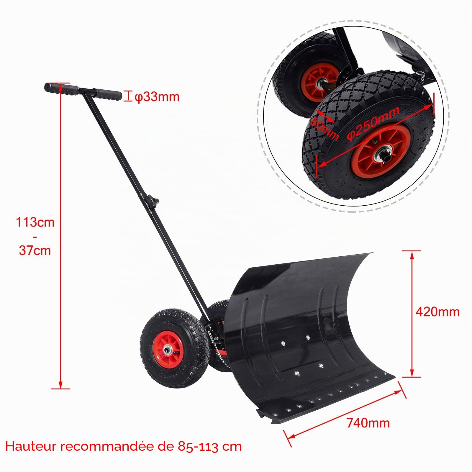 Aufun Pelle à neige avec roues, réglable en hauteur, Déneigement confortable, Pelle à neige métallique préservant le dos, Largeur de travail 75 cm, Hauteur 42 cm