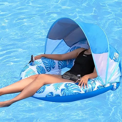 New Upgraded Pool Chair Float with Shade,XL Pool Floats for Adults Heavy Duty,Inflatable Pool Chair Lounge Float with Cup Holder & Backrest for