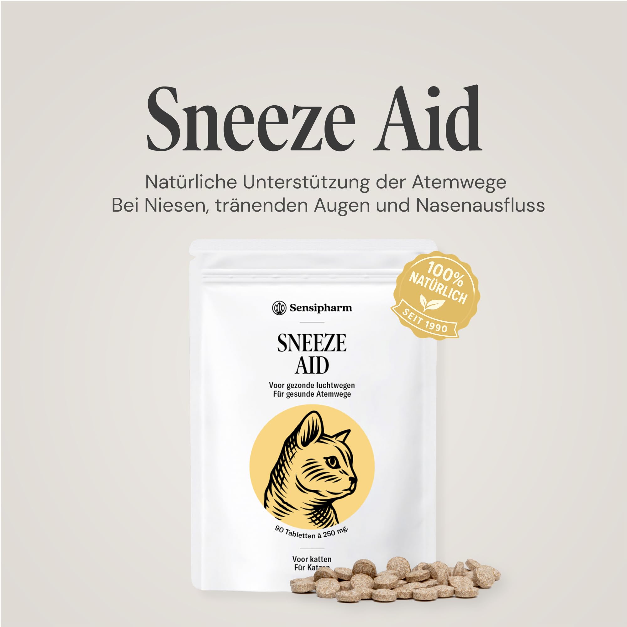 Sneeze Aid Kat - Suplemento dietético para la enfermedad del estornudo y los estornudos - 90 comprimidos de 250 mg