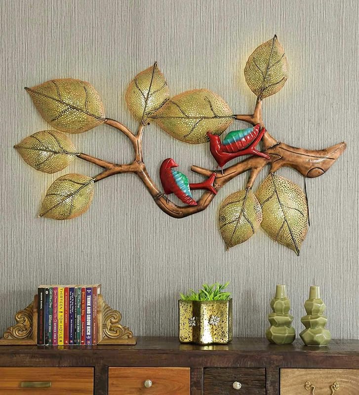 Image of Bharat Art Metal Tree Wall Art with LED Light for Living Room | Handcrafted Iron Tree Wall Hanging Home Decoration for Bedroom, Hall, Office & Entrance | 2 Bird Tree | 48 x 02 x 36 inch | W039