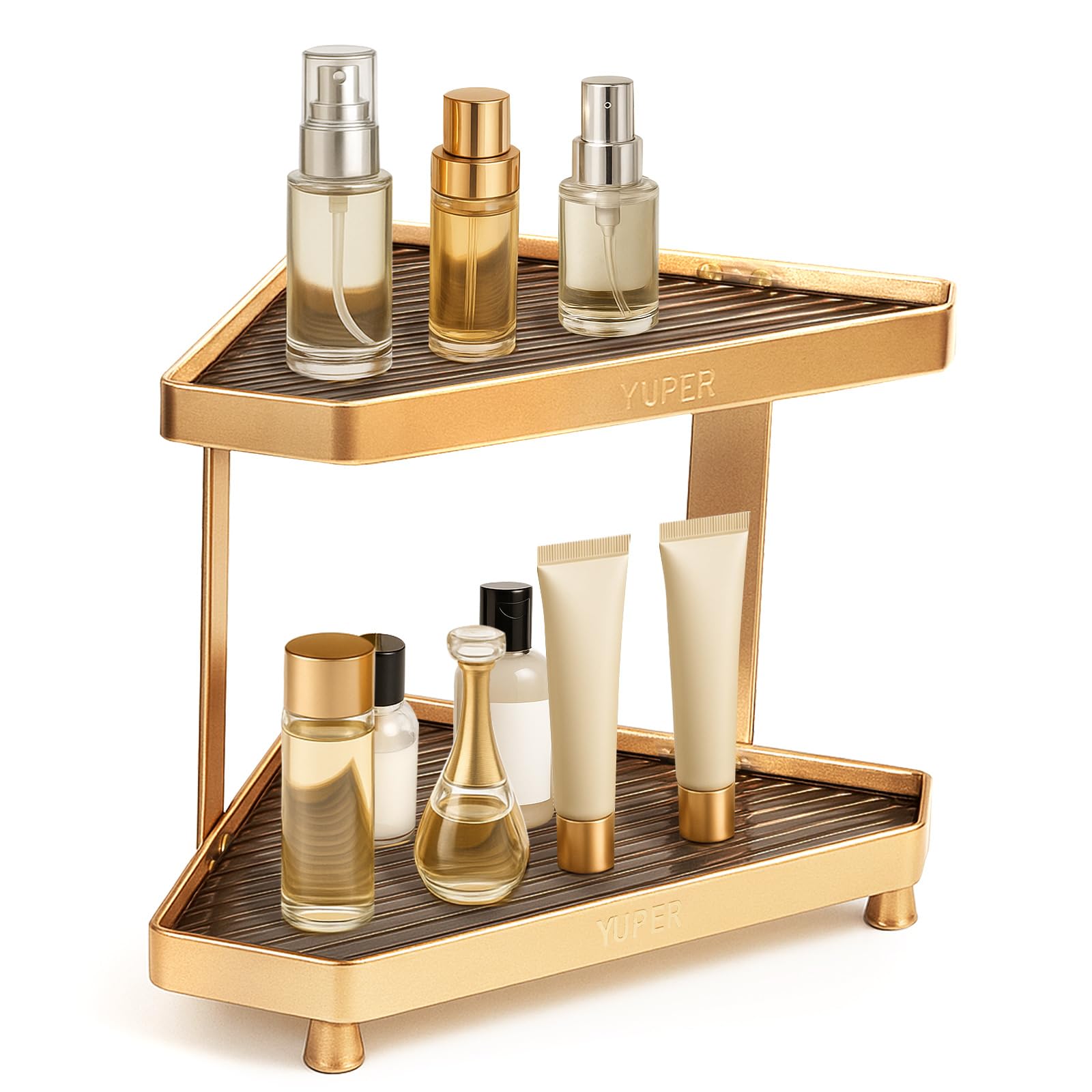 YUPER Corner Bathroom Counter Organizer 2 Tier Countertop Corner Shelf for Perfume Makeup Organizer Skincare Organizers Vanity Storage