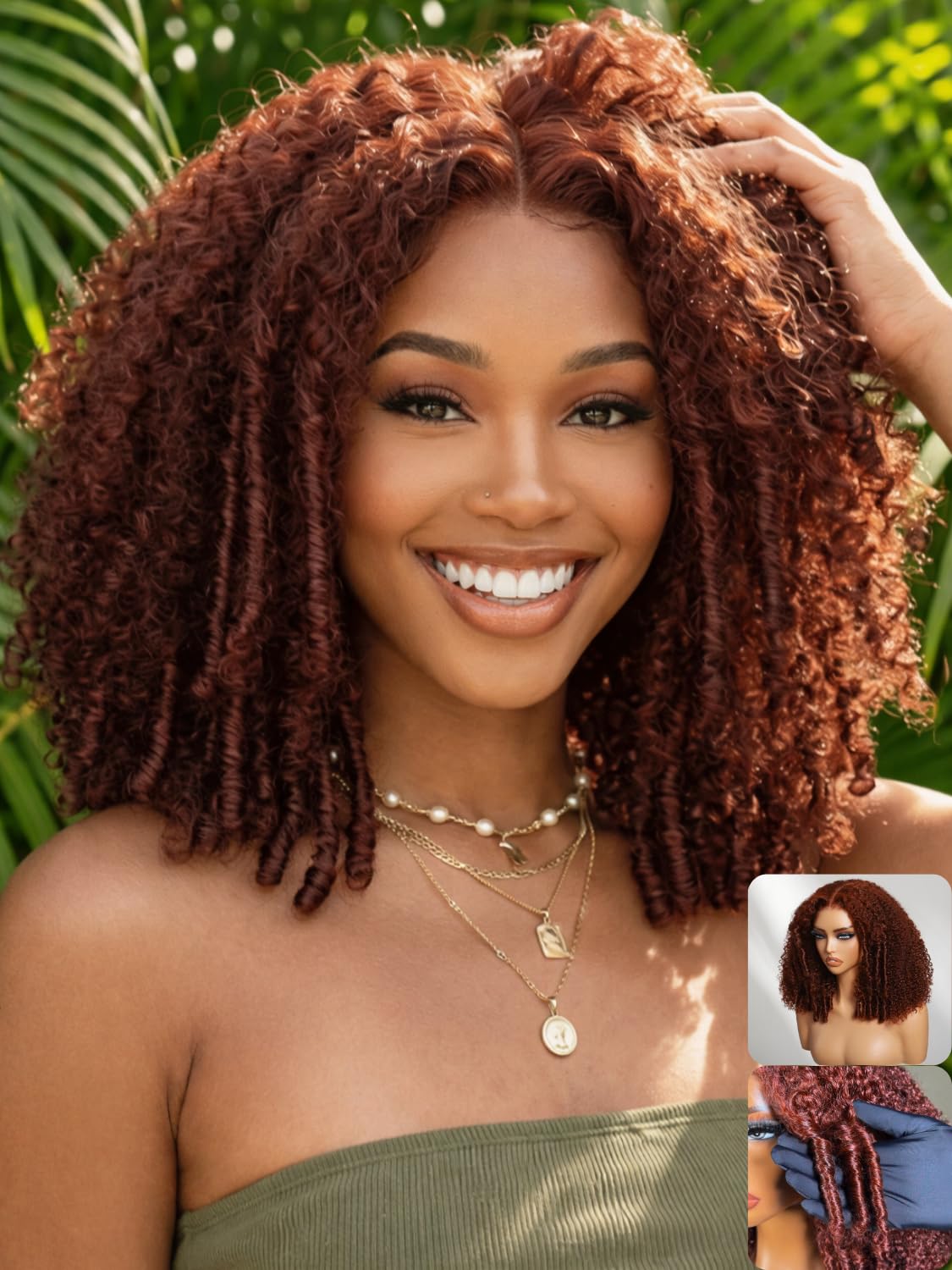 Nadula 200% Density Reddish Brown Afro Kinky Curly Wig Human Hair with Layer Finger Coil Ends,Glueless 7X5 Bye Bye Knots Lace Front Wig Pre Cut/Plucked/Bleached