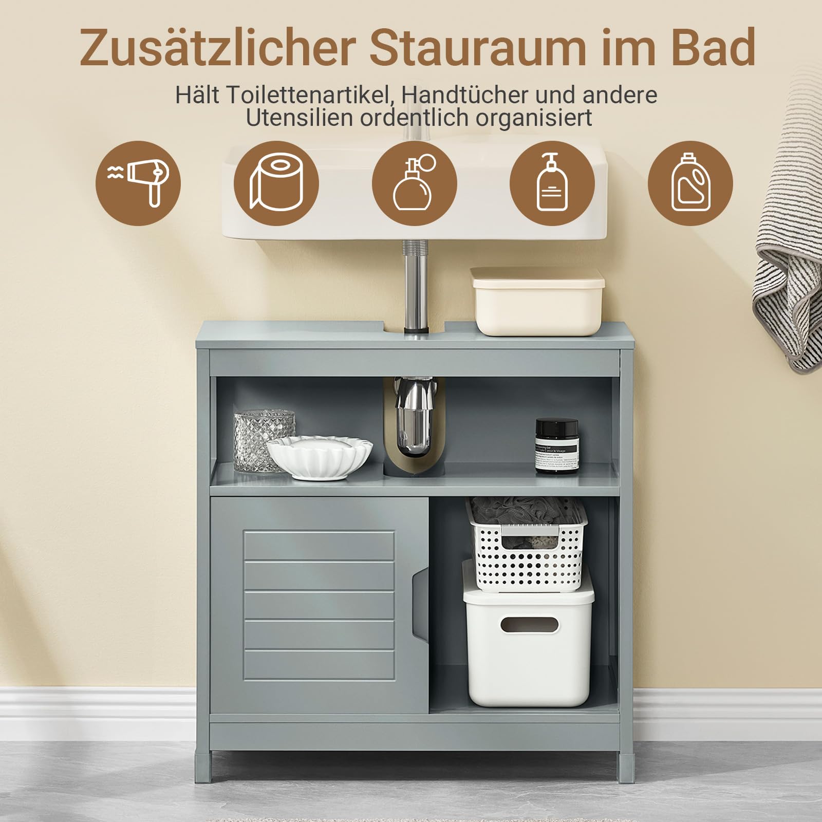 SoBuy Waschbeckenunterschrank Badezimmerschrank - Badschrank mit Fußpolster, Unterschrank Waschbecken - Kommode für Badezimmer, Badmöbel, Stahlgrau, 60x61x30 cm, FRG128-SG