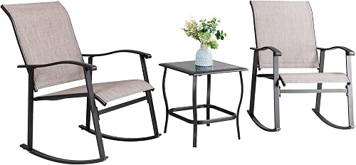 Vongrasig 3 Piece Outdoor Rocking Bistro Set, Textilene Fabric Small Patio Furniture