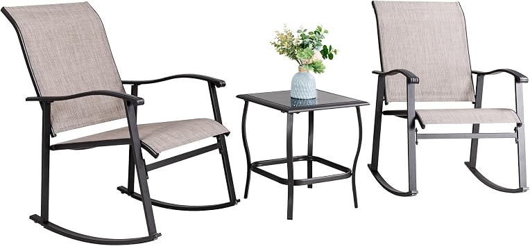 Vongrasig 3 Piece Outdoor Rocking Bistro Set, Textilene Fabric Small Patio Furniture Set, Front Porch Rocker Chairs Conversation Set with Glass Table for Lawn, Garden, Balcony, Poolside Taupe