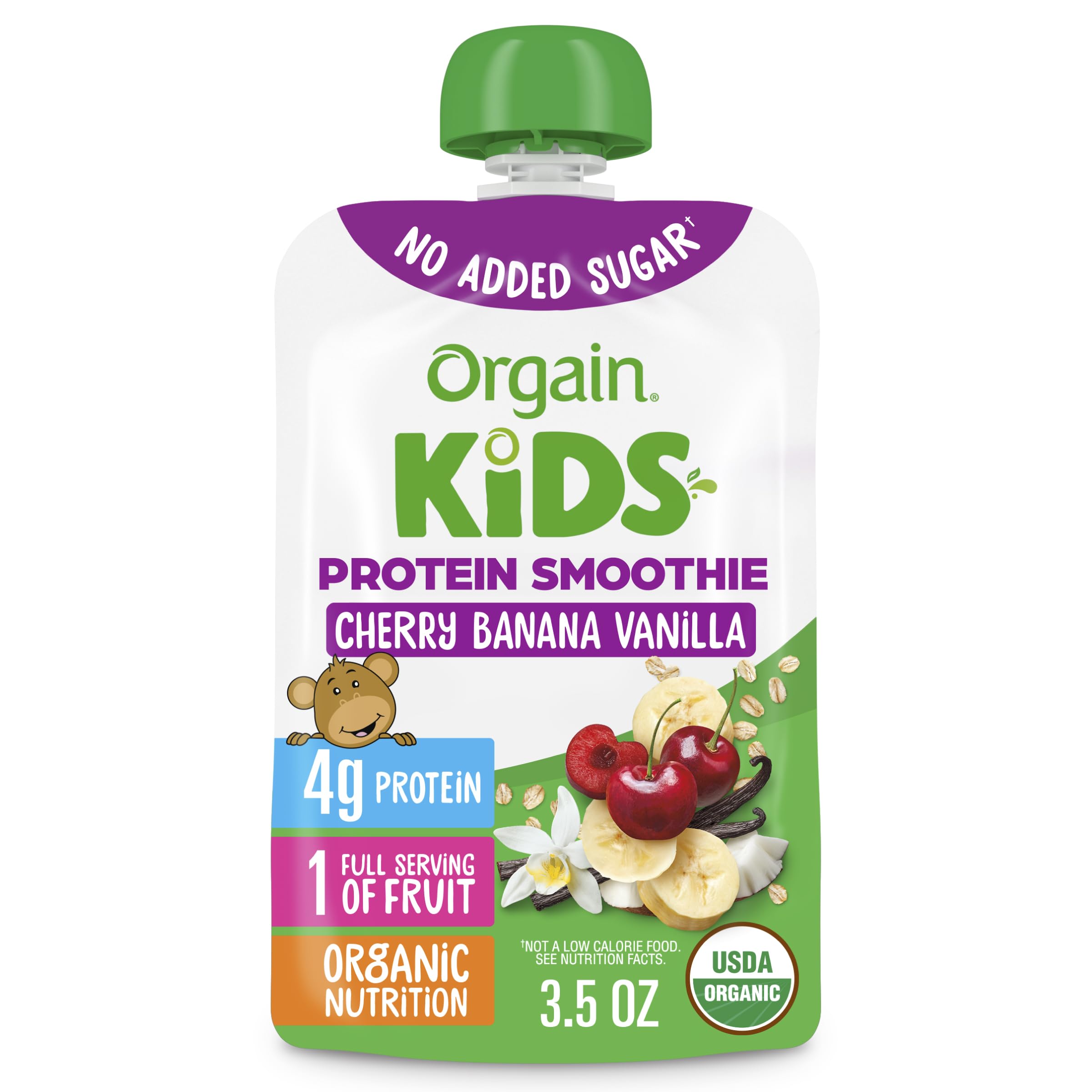 Orgain Kids Protein Smoothie Pouches, Cherry Banana Vanilla, 12 Pack