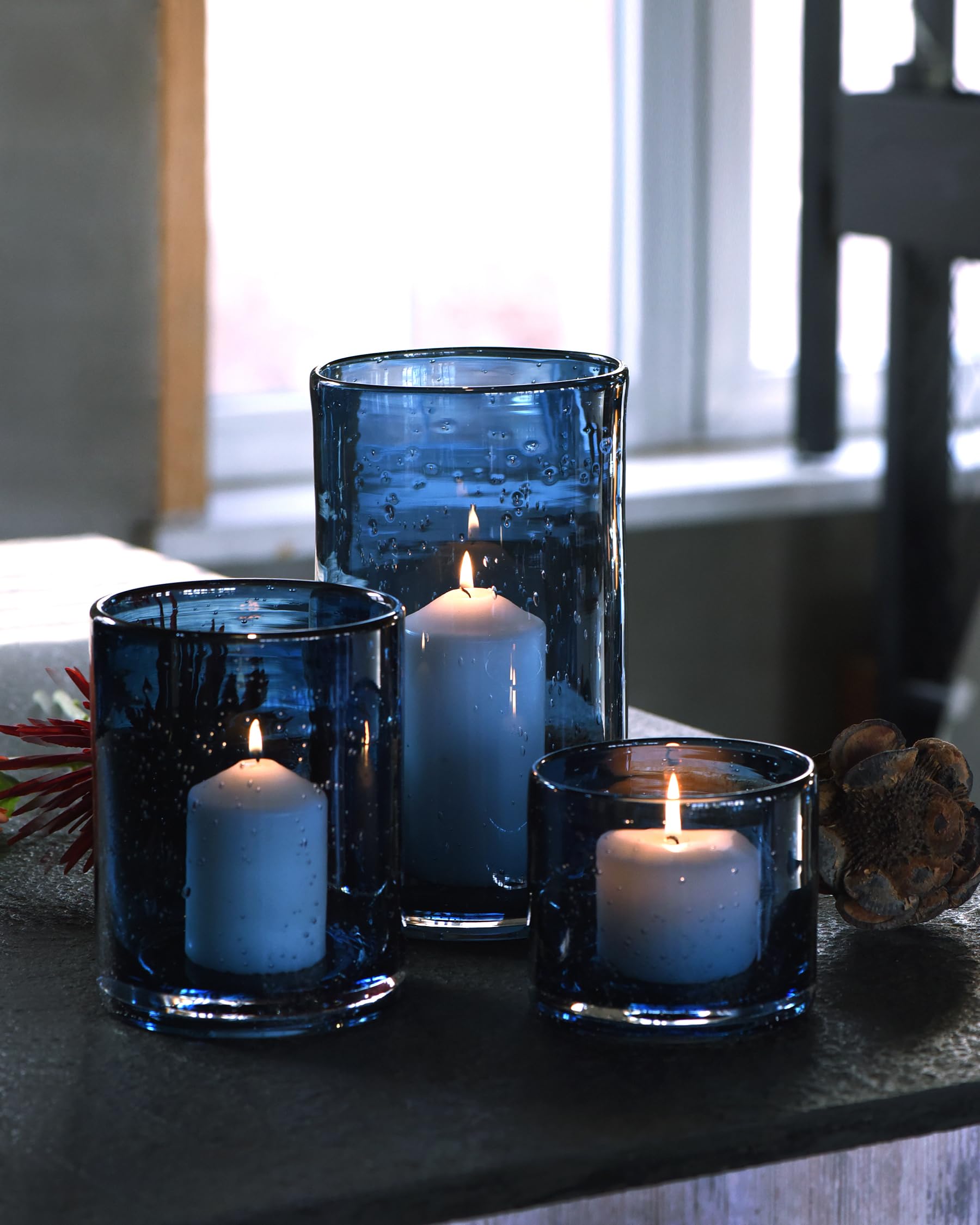 ARIAMOTION Glass Hurricane Candle Holders Bulk for Pillar Blue Seeded Bubbles Cylinder Table Centerpiece Modern Rustic Vases Home Decor 10" 7" 4" Set of 3