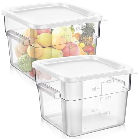 FoldTier 2 Pieces Square Food Storage Containers Polycarbonate Clear food Container with Lid Commercial Storage with Graduations for Commercial Kitchen Dough Marinating Meat(White,12 Qt)