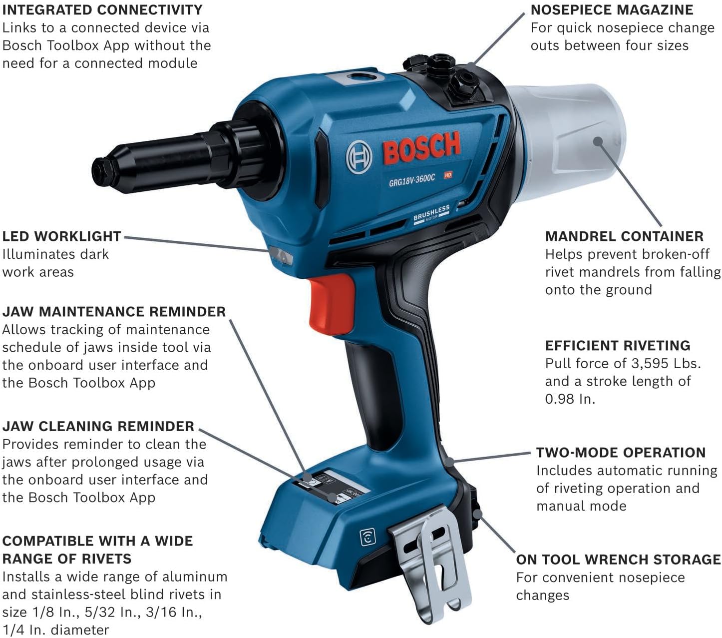BOSCH GRG18V-3600CN 18V Brushless Connected Rivet Tool (Bare Tool)