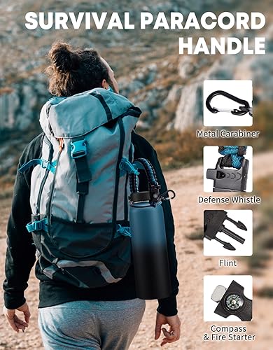 Miniatura 4 de RRYFOUR Botella de agua de 1 galón aislada, jarra de agua de metal con mango de paracaídas, popote y tapa flexible, funda para botella de agua de