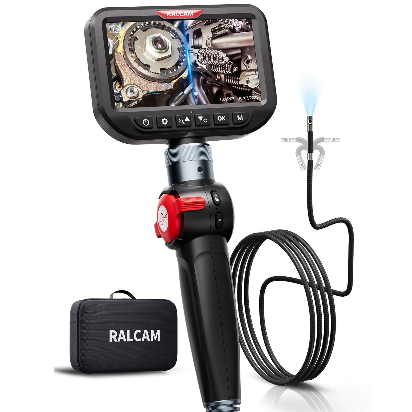 Ralcam Telecamera Endoscopica con Luce, Borescopio Doppio 6,5 mm con Testa Mobile 180°, Schermo HD IPS da 5", Telecamera di Ispezione Impermeabile IP67 con Cavo Semirigido da 1,5 m