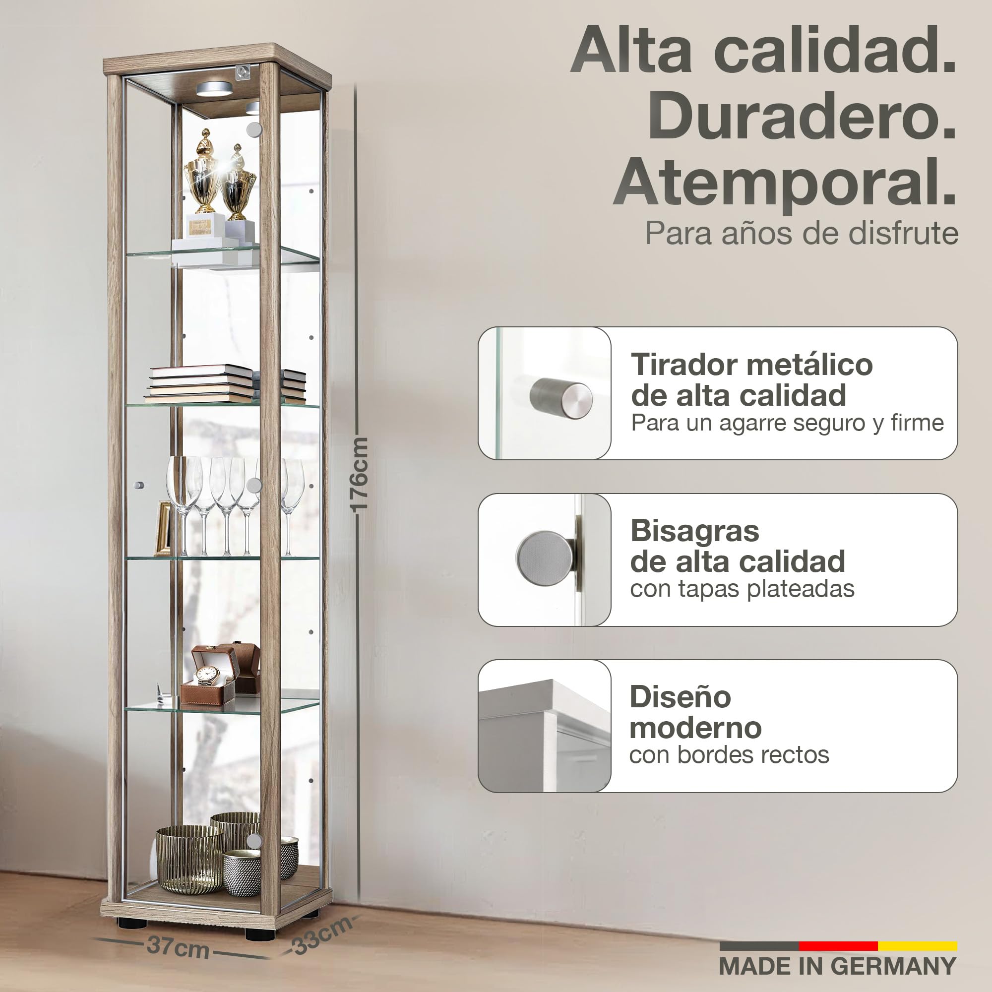 Vitrina de Sonoma (176x37x33cm) con 4 estantes de Cristal Regulables en Altura, Espejo, Cerradura, LED - Vitrina para Modelos - Vitrine de Haya de coleccionista