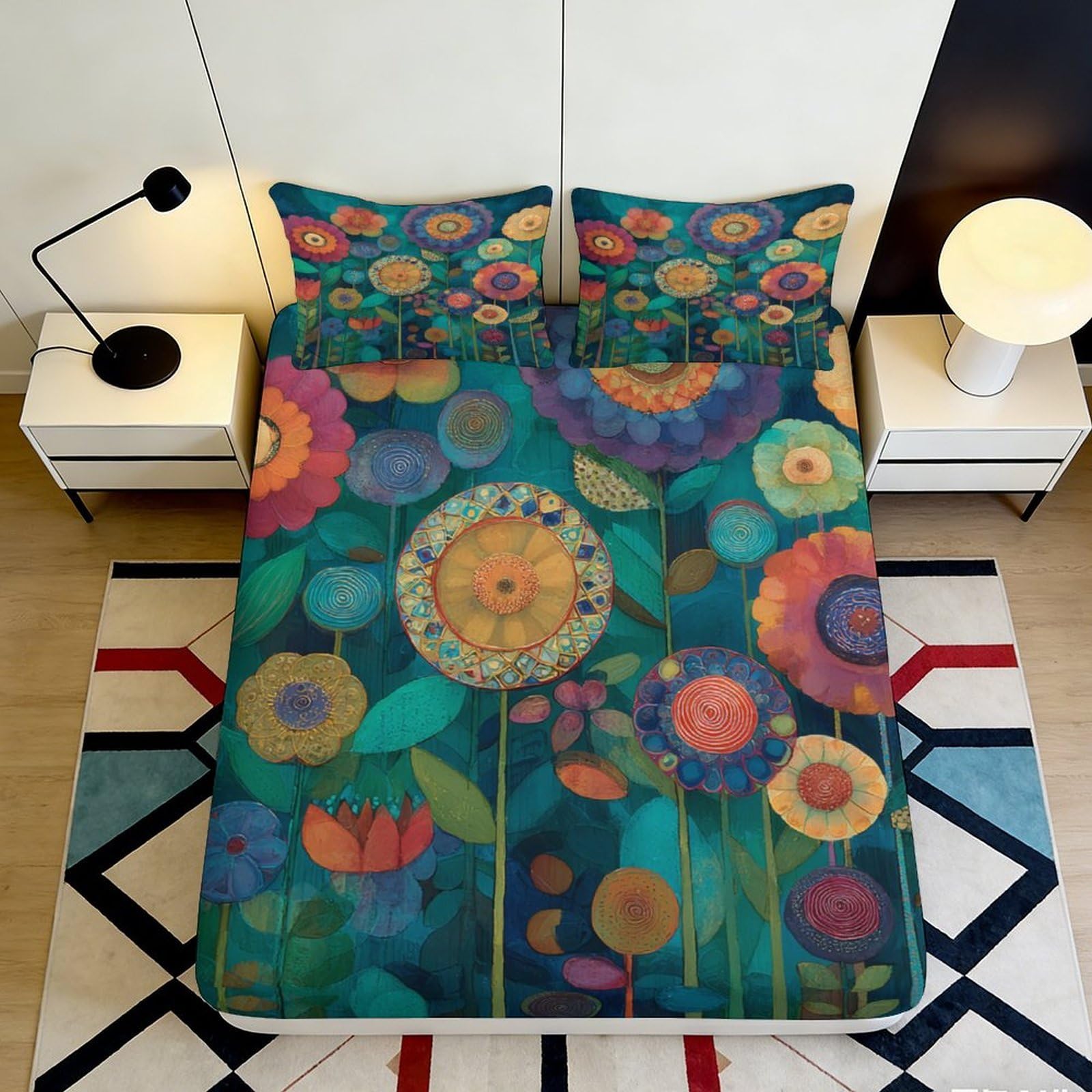 3D Printed Floral Garden Fitted Sheet Microfiber Bedroom Decor Abstract Botanical Mattress Cover for Home Guest Room 90x200x25cm