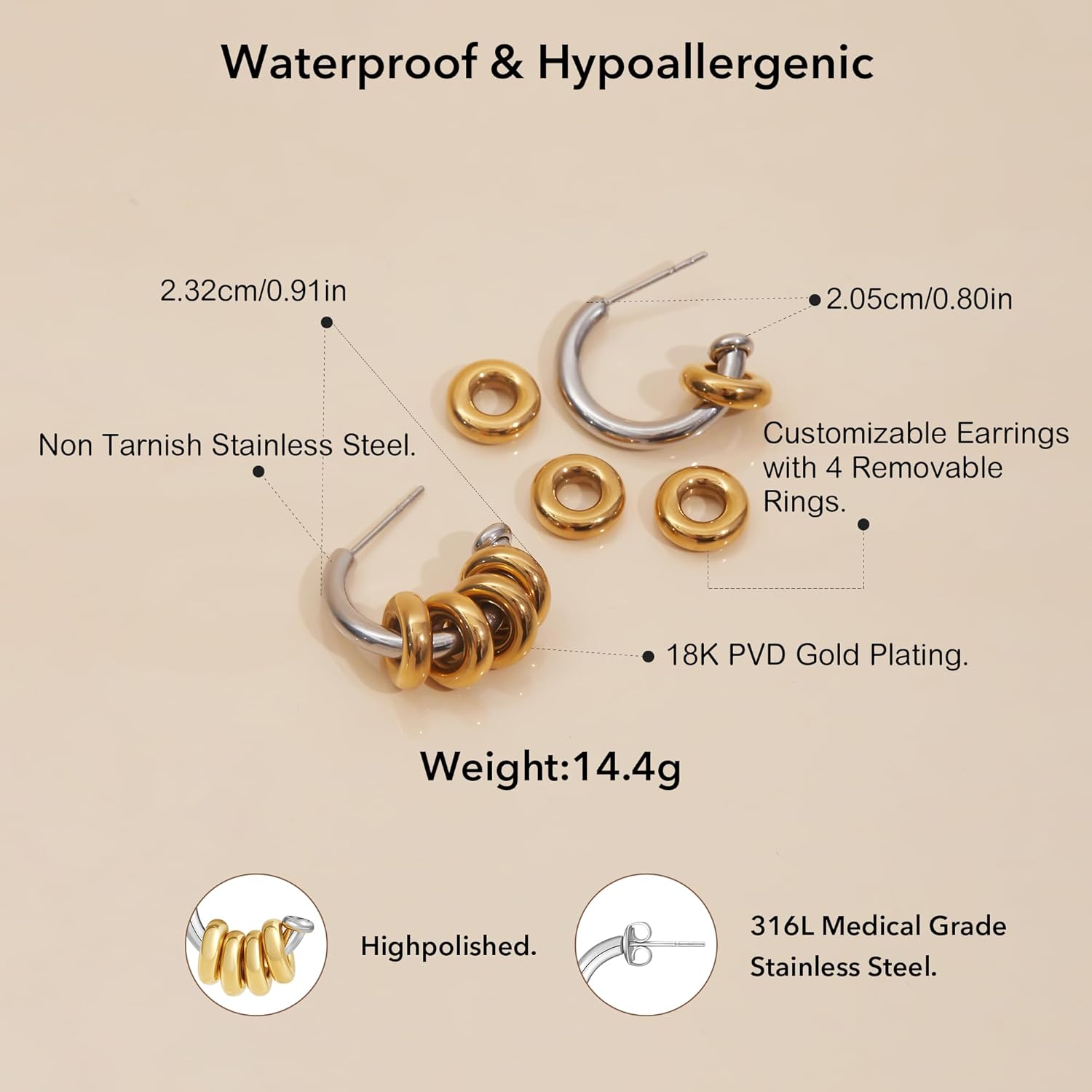 U UWorld 18K Gold Plated Hoop Earrings Stainless Steel Hypoallergenic Earrings Gold and Silver Two Tone Cuff Earring Hanging Round Pendant Statement Earrings for Women - Image 6