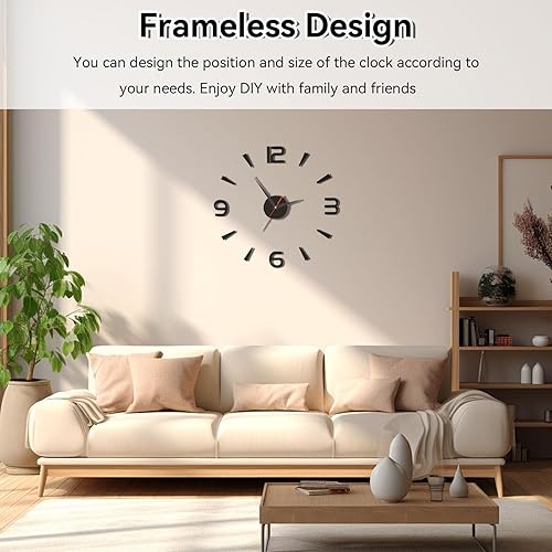 Miniatura 6 de Reloj de pared 3D DIY, reloj de pared sin marco, moderno espejo 3D, decoración de pared de sala de estar, estilo europeo, reloj de pared negro