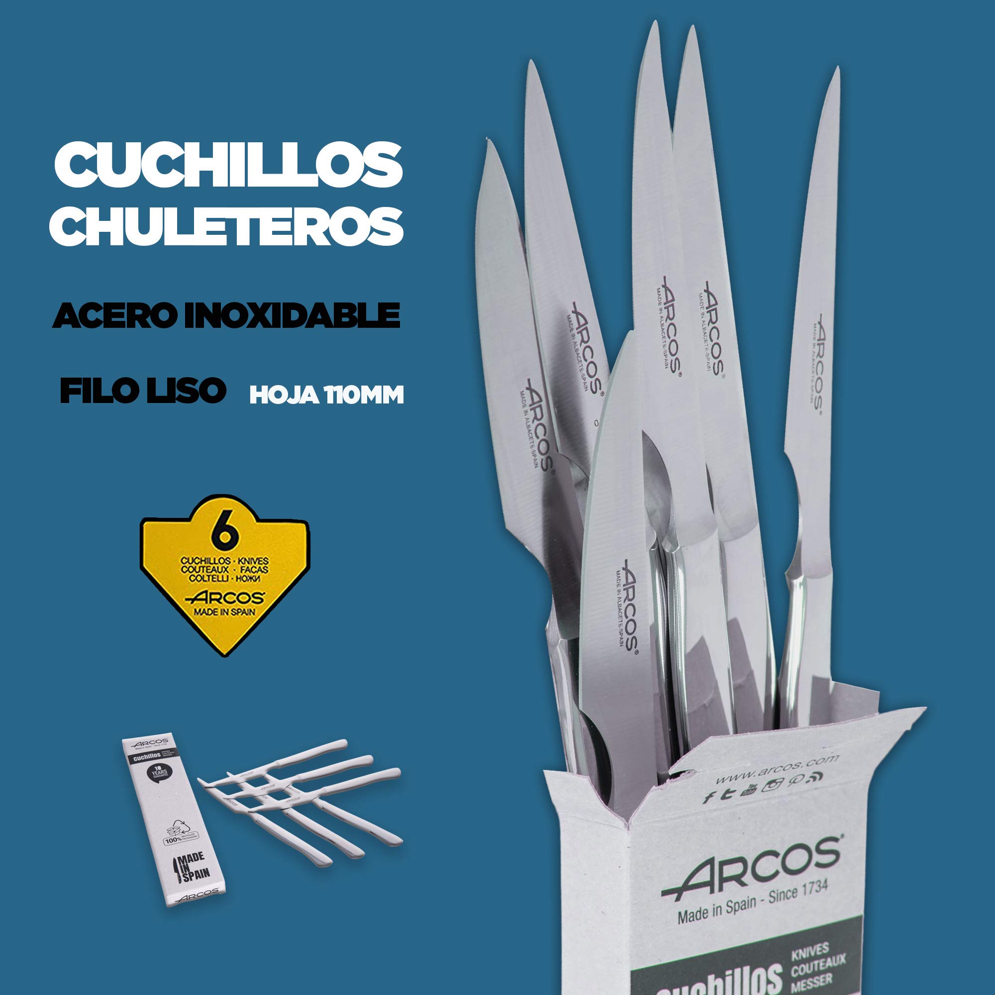 Arcos Cuchillos Chuleteros cuchillos chuleteros acero inoxidable filo liso juego cuchillos chuleteros | 6 PZAS cuchillo chuletero | Hoja 110 mm |cuchillos carne Envase Eco