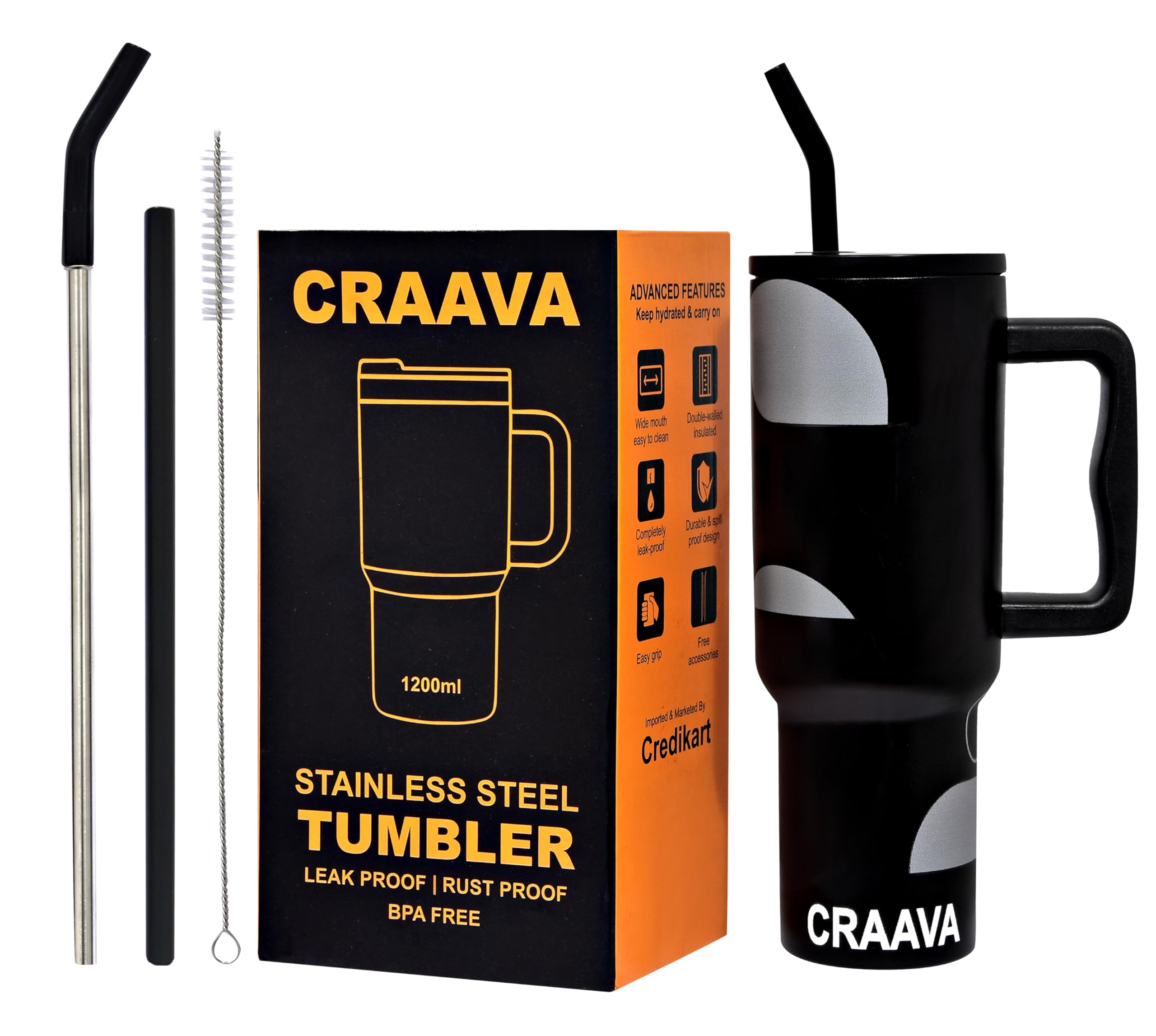 Craava 1200ML Stainless Steel Tumbler with Lid & 3 Straws | Double-Wall Insulated Leakproof Mug with Handle for Hot & Cold Beverages | Perfect for Office, Gym & Travel