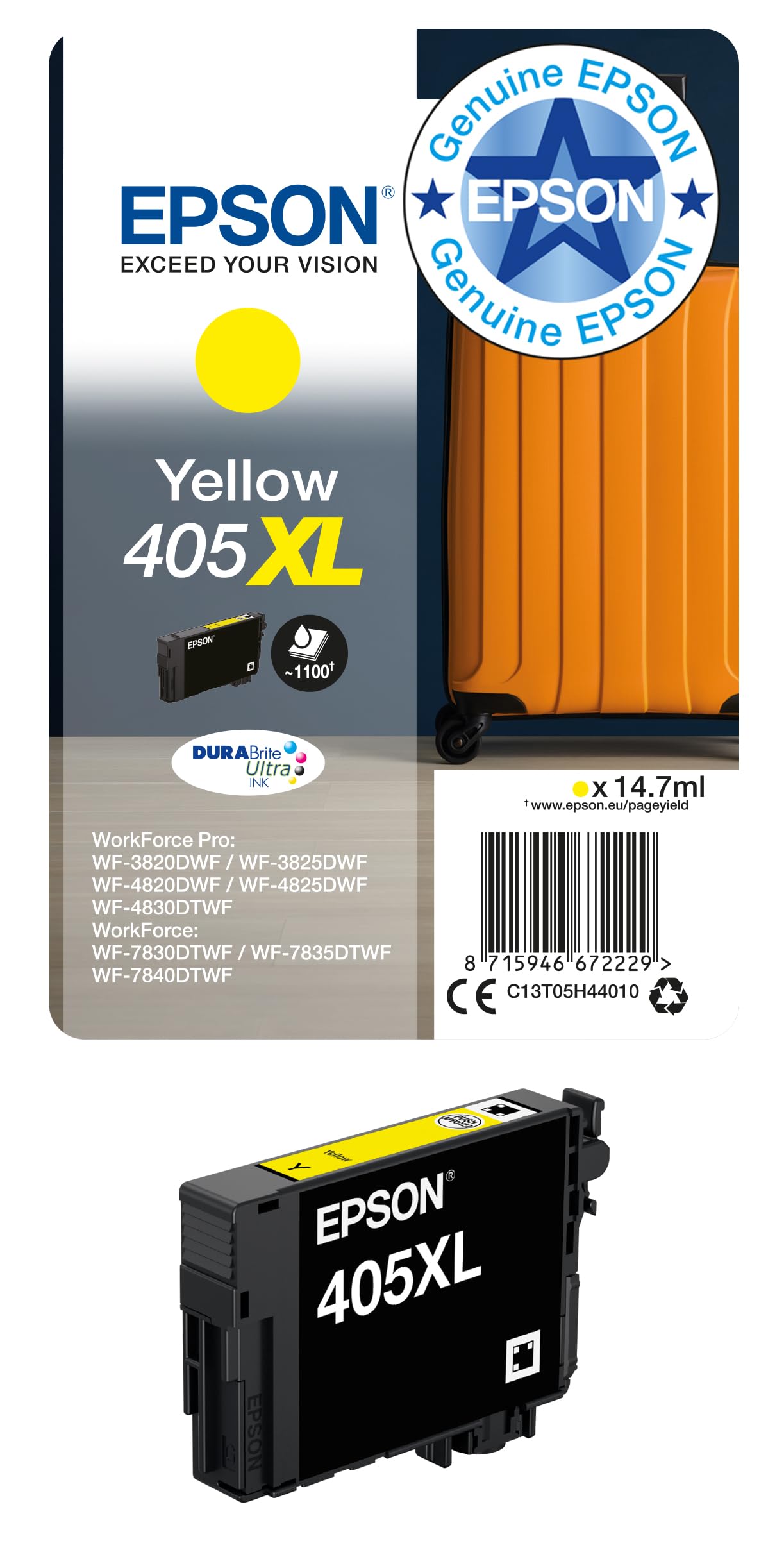Epson Yellow 405XL Ink Cartridge Durabrite Ultra Suitcase C13t05h44010