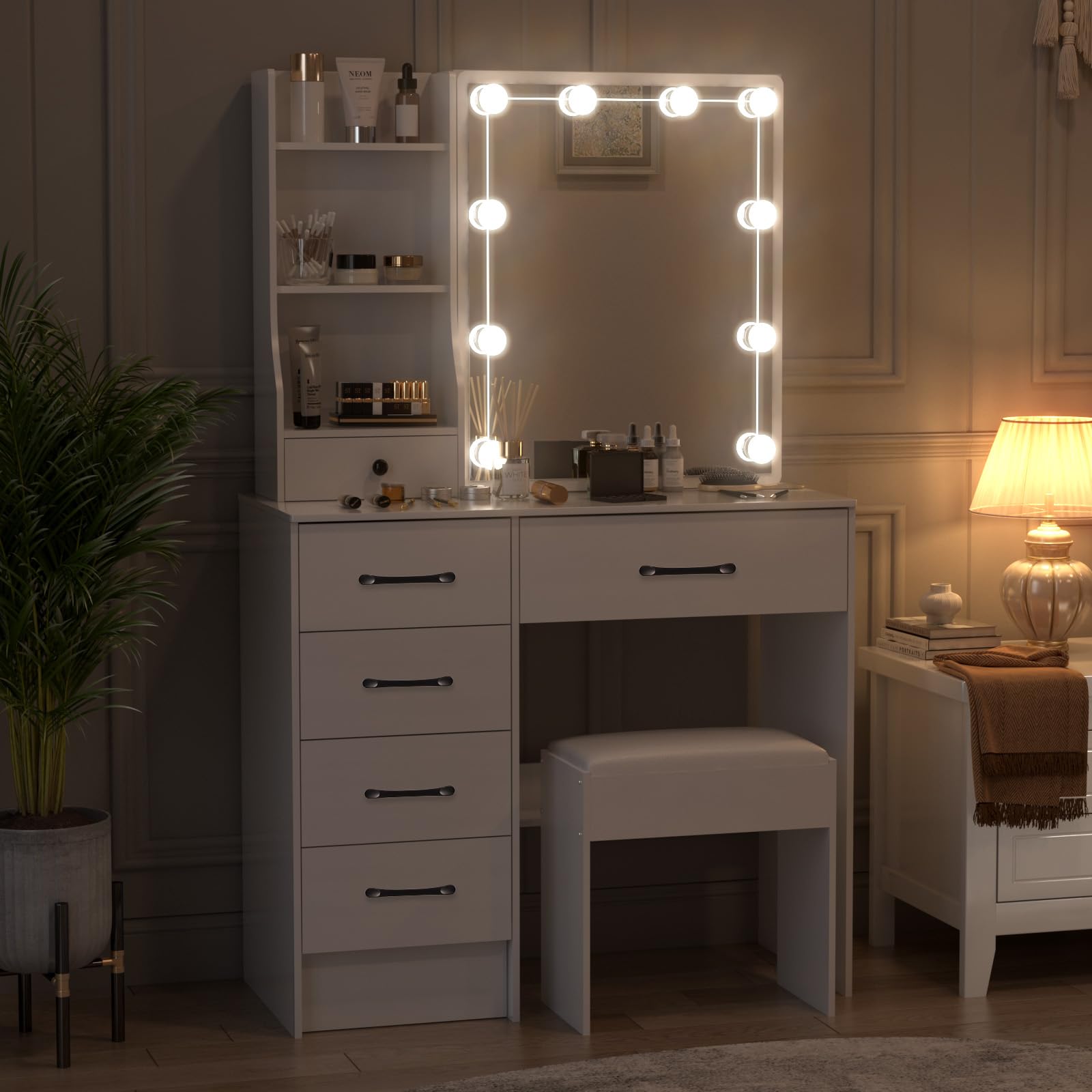 Tavolo da toeletta con illuminazione a LED e specchio, tavolo cosmetico per trucco e cosmetici, tavolo da toeletta con 3 colori luminosità regolabile 56