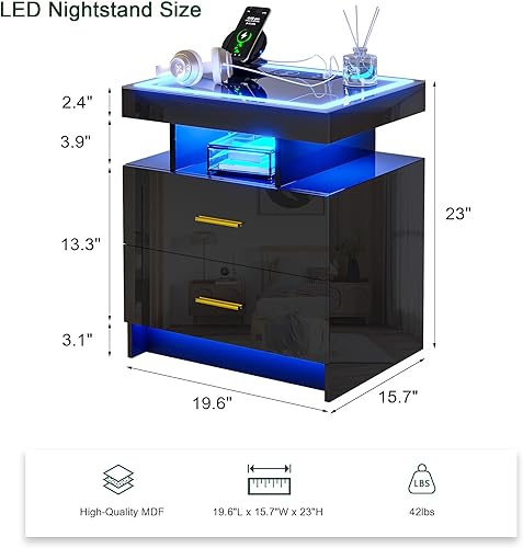 Miniatura 2 de HNEBC Mesita de noche LED, mesita de noche negra con estación de carga, USB + tipo C + carga inalámbrica, mesita de noche inteligente con sensor