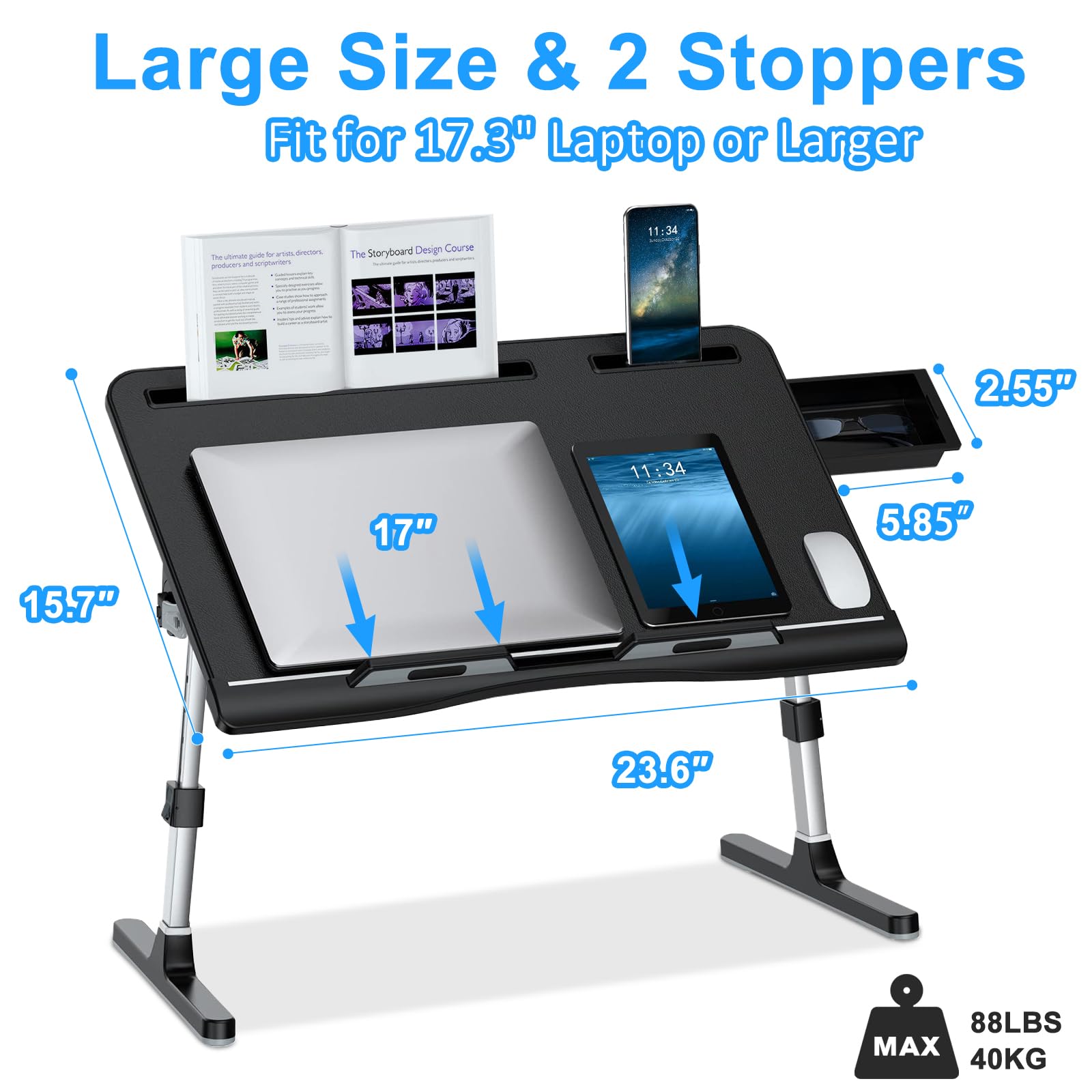 Laptop Bed Desk, EVETTO PVC Leather Adjustable Computer Table Tray, Foldable X-Large Laptop Tray Desk for Bed Sofa Couch Floor Writing Eating with Drawer 2 Stoppers (23.6 inch, Black)