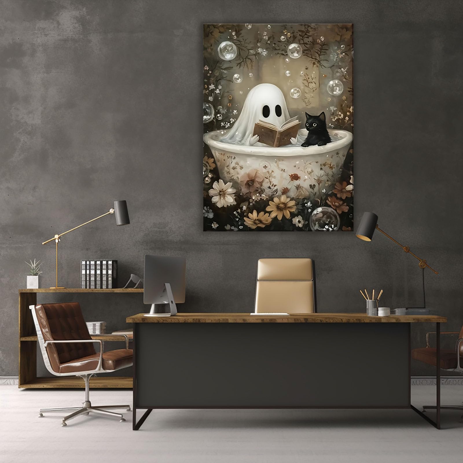 AMXBZC Halloween abstrakcyjny obraz ścienny książki kwieciste dzieła sztuki obraz Halloween akademik dekoracja ścienna, salon jadalnia obraz do dekoracji wnętrz (beżowy)-40x60cm oprawione