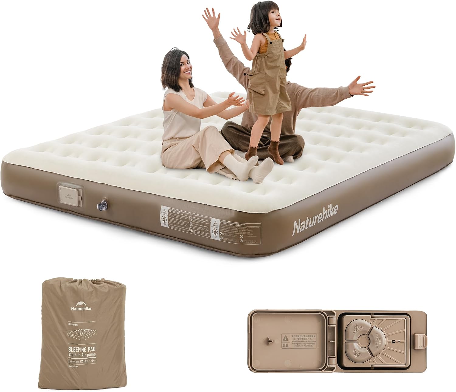 Naturehike Chenjing Inflatable Air Bed, Self-Inflating Air Mattress with Built-in Rechargeable Pump (No Outlet Needed), Portable Blow-Up Mattress for Camping&Travel&Home (3 Man-200 * 180 * 25cm)