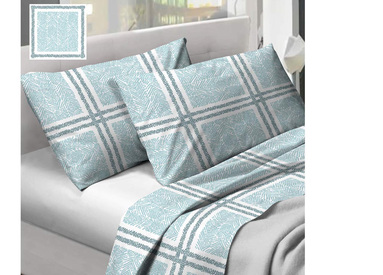 SOFFICIOSO Set Completo Lenzuola in Puro Cotone Modello Tartan Colore Azzurro Singolo Azzurro