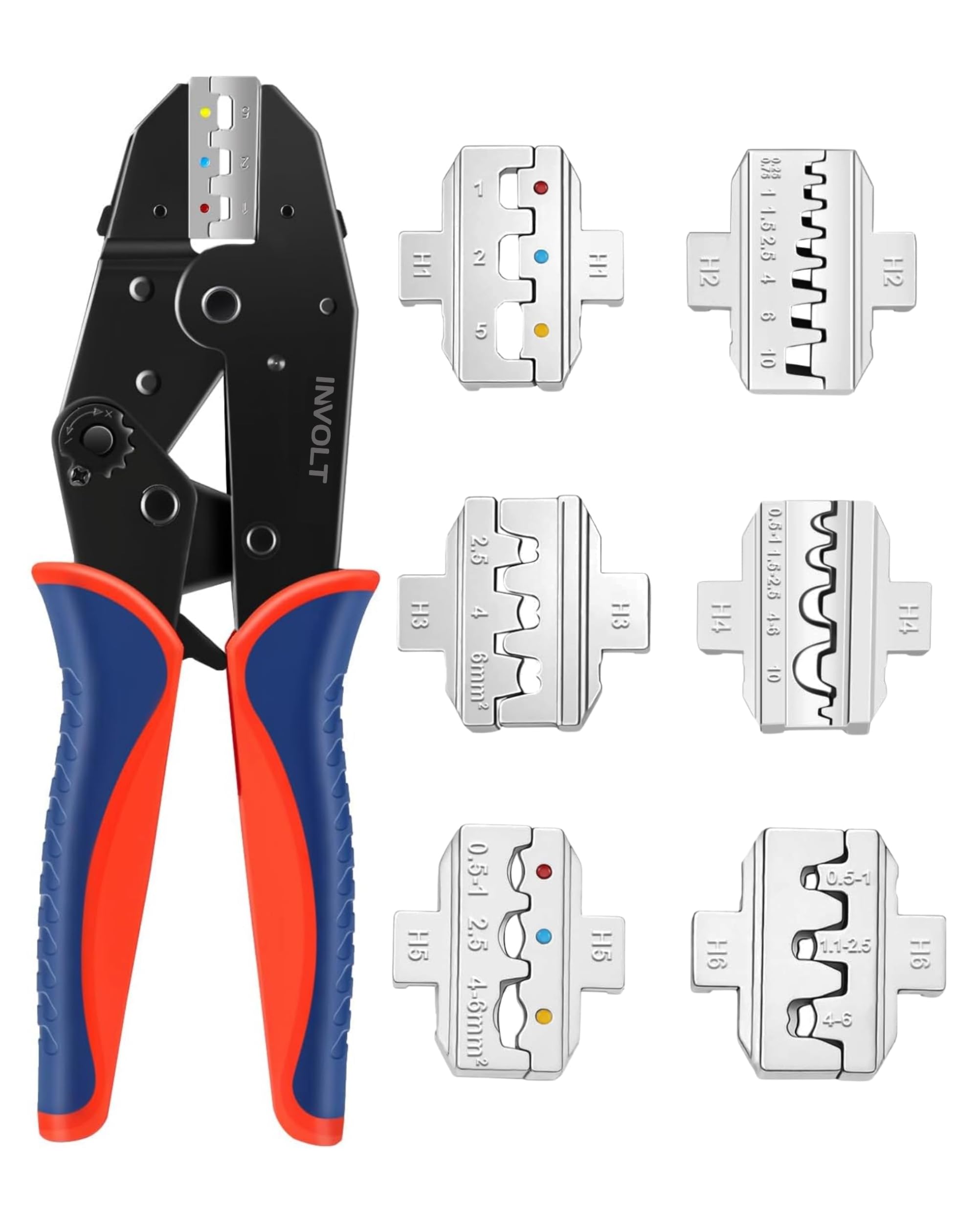 INVOLT Crimpzangen-Set mit 6 Wechselbacken für 0,25-10 mm², Crimpwerkzeug für Kabelschuhe, Flachsteckhülsen, Aderendhülsen, Solarkabel