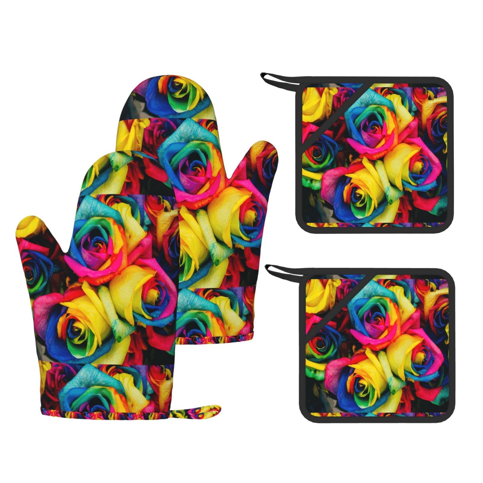 Juego de Cuatro Guantes y Manoplas Resistentes al Calor para Hornear, Guantes de Cocina Antideslizantes, Manoplas para Horno, Rosas con pétalos de arcoíris.