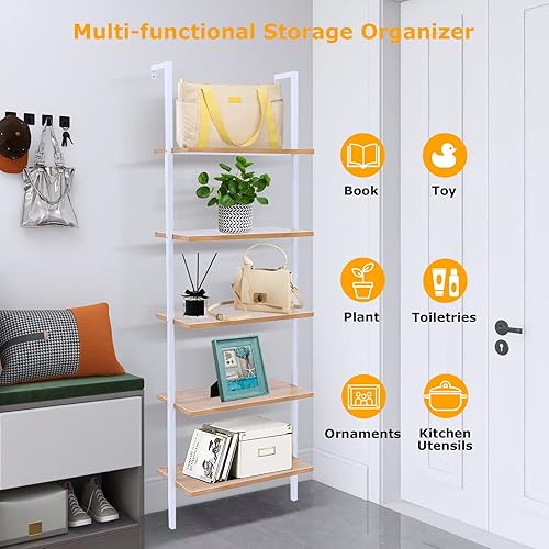 Miniatura 6 de ANTSKU Estantería de escalera de 5 niveles para montar en la pared, estantería de escalera con marco de metal y estante de madera, estantería de