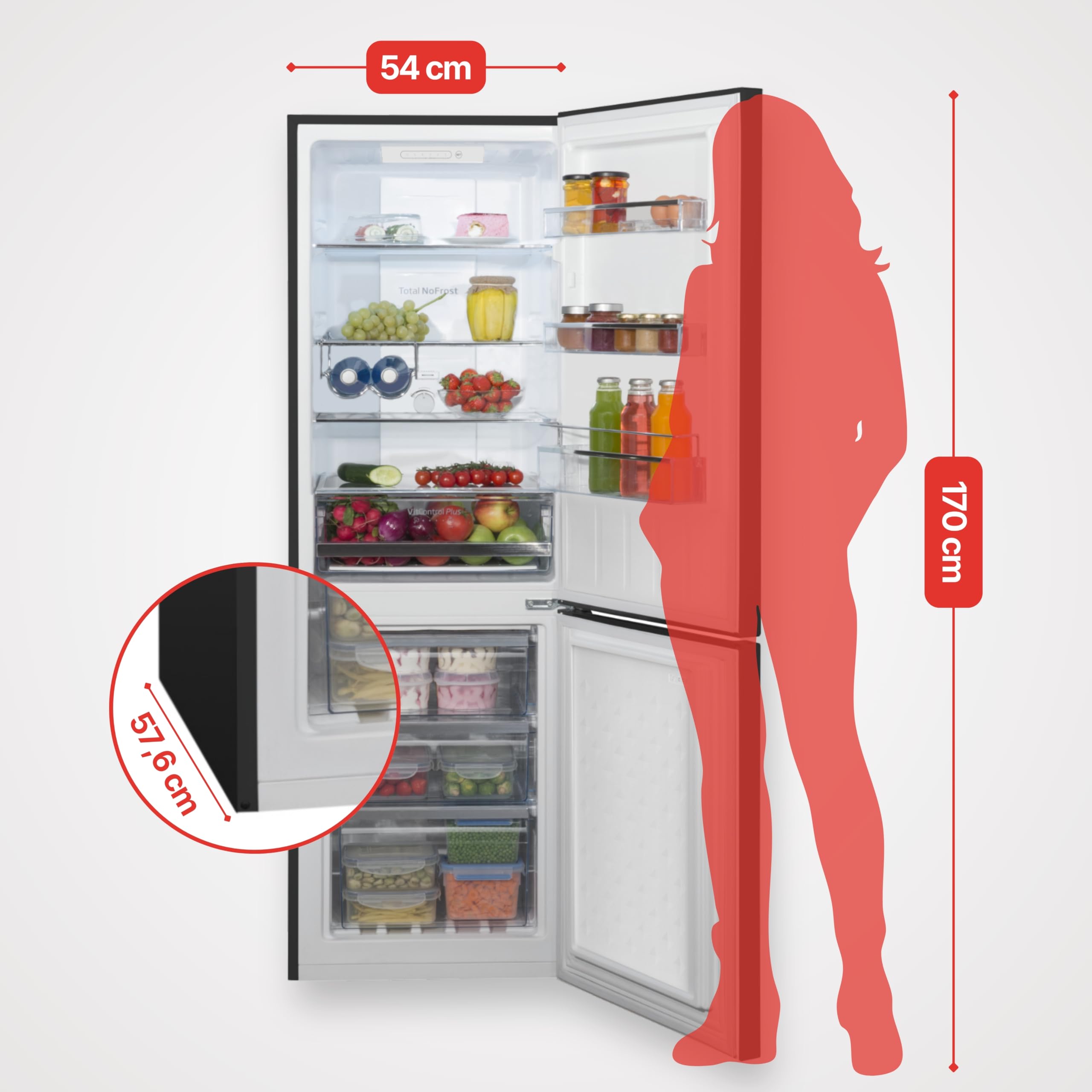 Amica Kühl-Gefrierkombination 231 L 170x54x59,1 cm Total NoFrost AKG 3875 S | 161 L Kühlteil, 70 L Gefrierteil, VitControlPlus, Superkühlfunktion, Supergefrierfunktion, Tür-Offen-Alarm, LED Beleuchtung