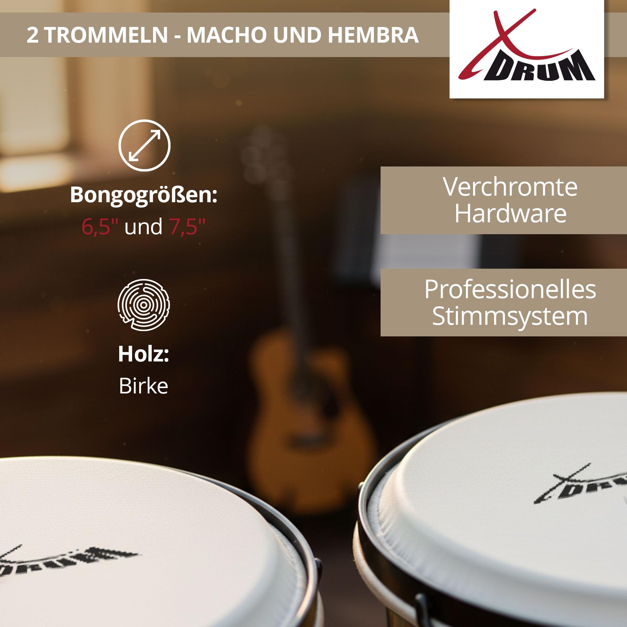 XDrum Bongos Pro Vintage Sunburst - 2 Trommeln mit 6,5" (17 cm) und 7,5" (20 cm) Durchmesser - Bongotrommeln mit stimmbaren Naturfellen, Stimmschlüssel und Ständer - Holztrommeln Rotbraun