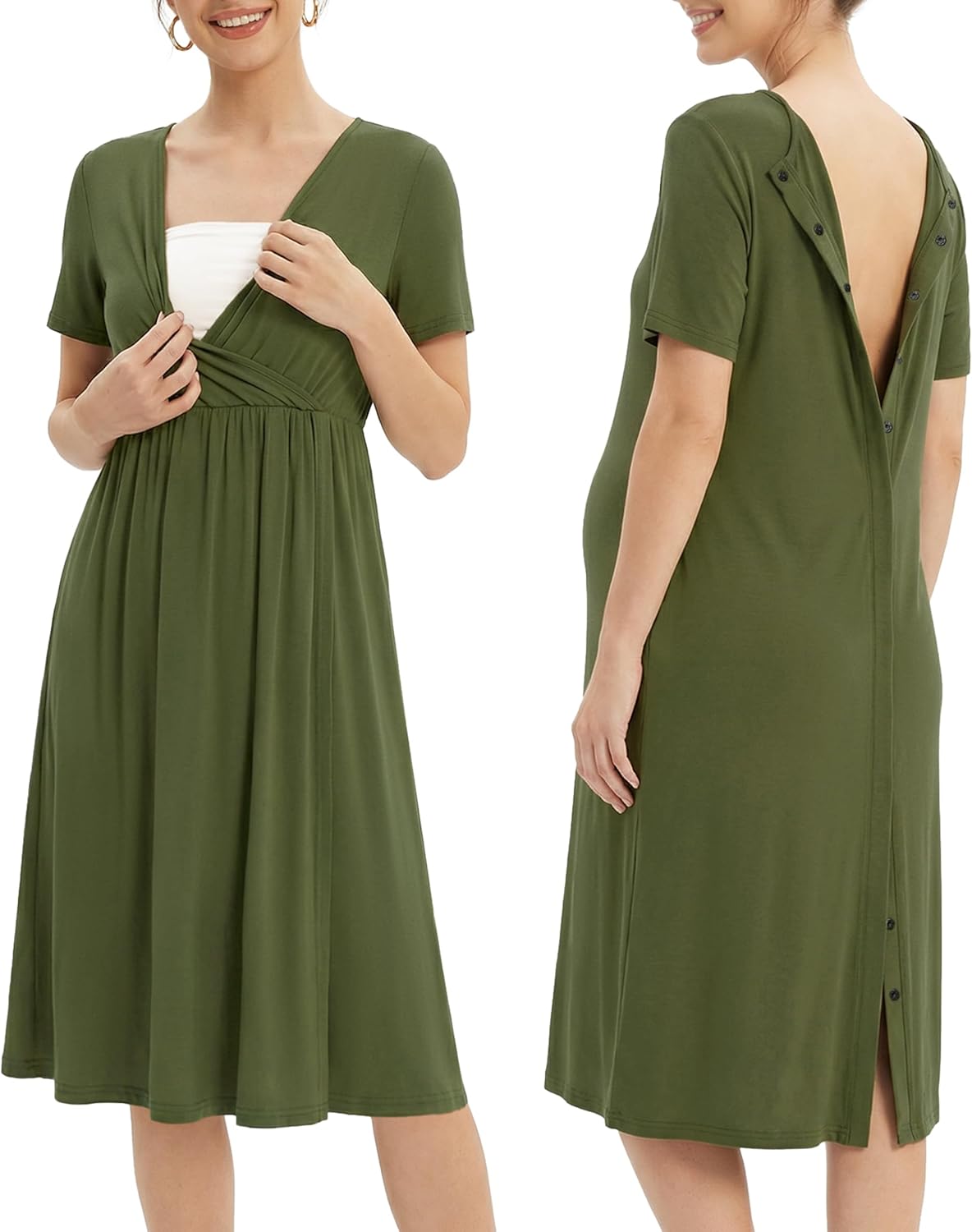 OUGES Stain Resistant Fabric Labor/Delivery/Hospital Gown Maternity Dress Wrap V Neck Snap Down Back Nursing Nightgown