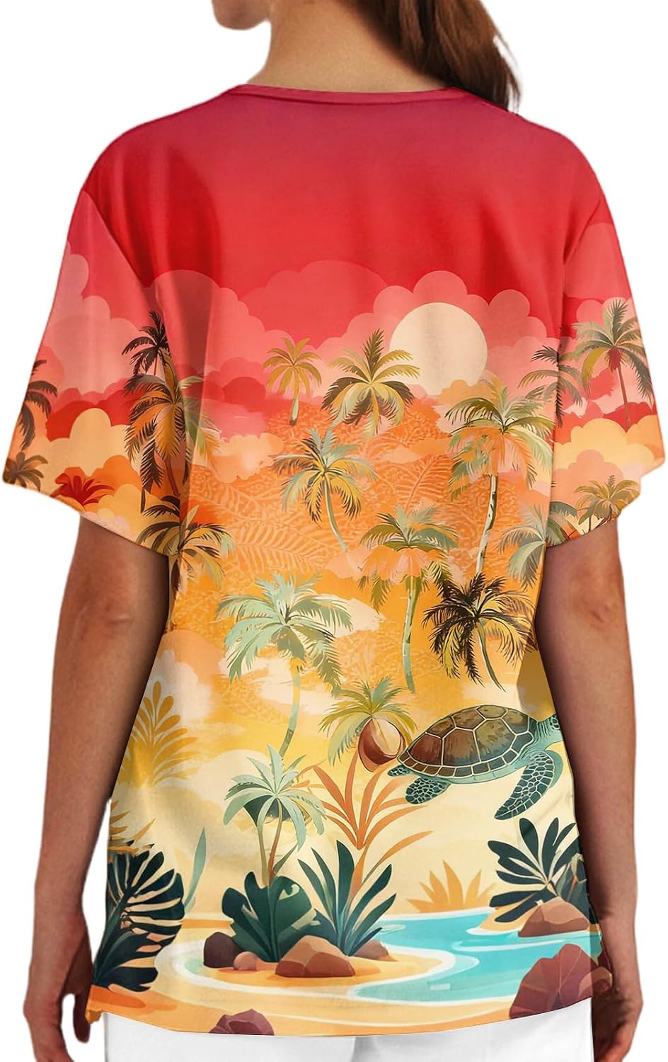 Hawaiian Print Scrub Top for Women Short Sleeve V-Neck Stretch Comfort Nurse Shirt Cute Medical Uniform with Pockets