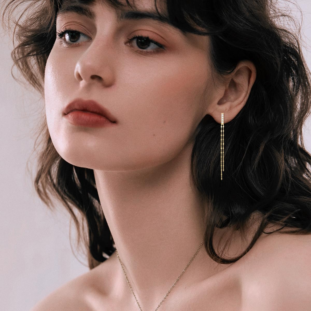 14k Gold Lab Grown Diamond Bar Dangling Tassel Earrings, 14kt Gold Drop Earrings for Women