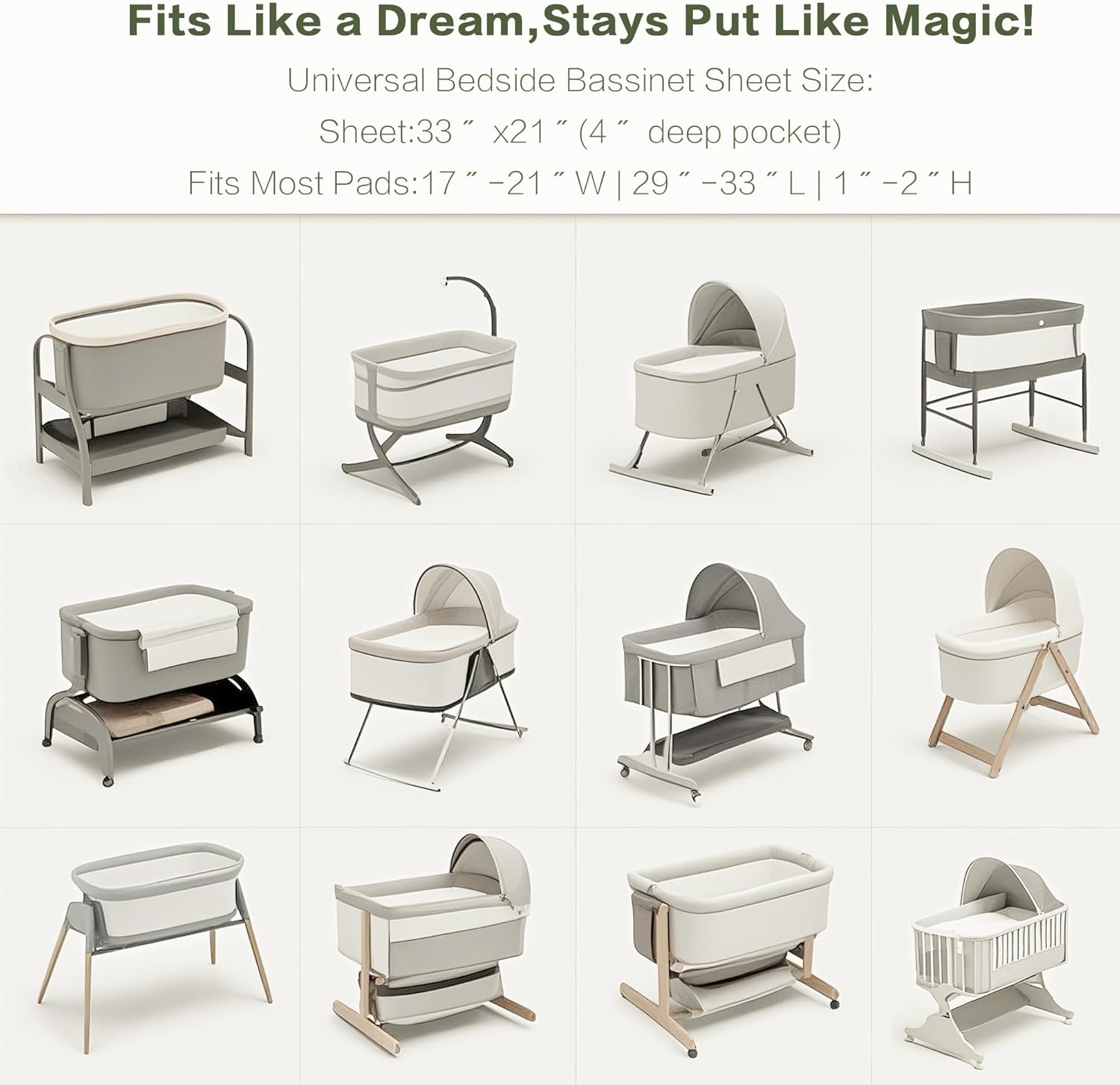 Muslin Bedside Sleeper Bassinet Fitted Sheets, 3 Pack Cotton Baby Sheet for Boys & Girls, Soft, Compatible with Baby Delight, Dream On Me, AMKE and Other Rectangle Mattress (Leaf Green)